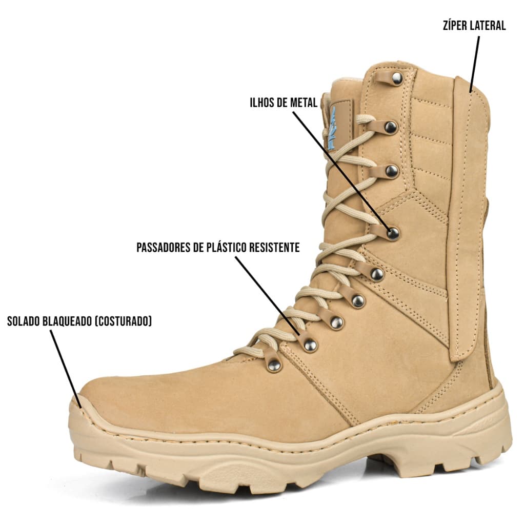 Bota Coturno Masculino Couro Bovino Tática Militar Com Zíper Tan
