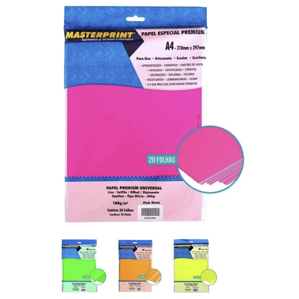 Papel Neon A4 180g para Artesanato Decoração Enfeites Pacote com 20 Folhas Masterprint