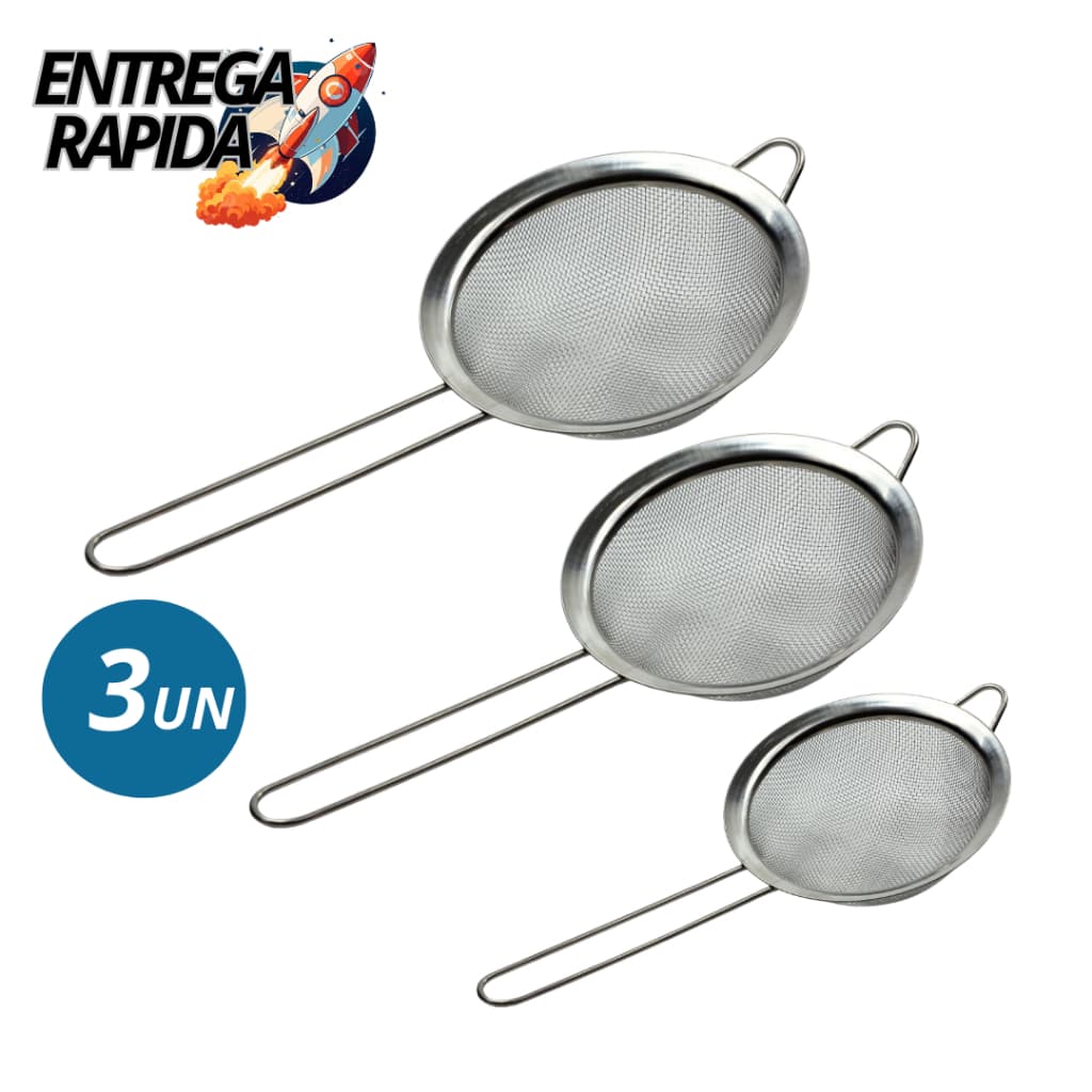 Kit 3 Peneira Coador Em Aço Inox Para Cozinha Casa - 3 Tamanhos P M G 10/12/22 cm