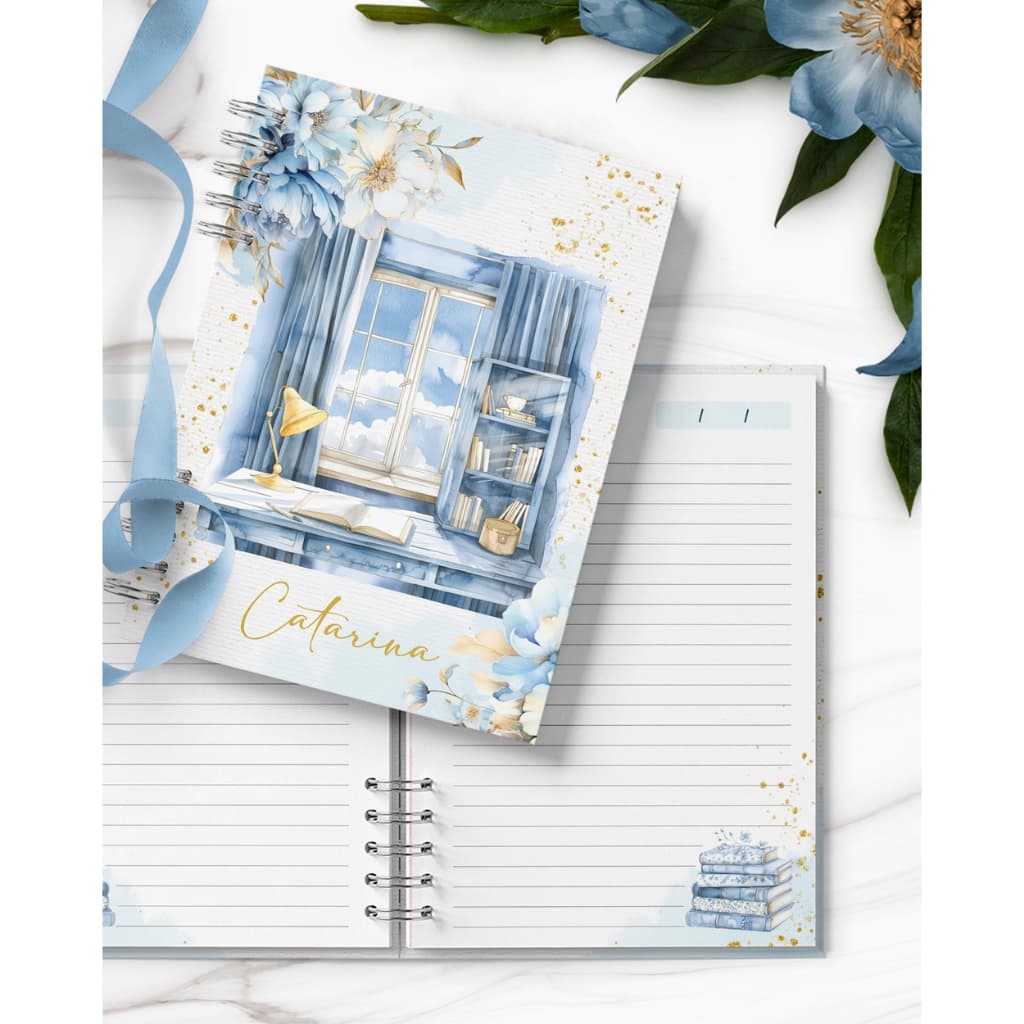Caderno personalizado, 200 páginas, tamanho A5, folhas decoradas, BRILHANTE coleção Golden blue