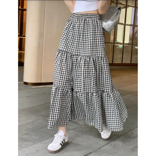 Saia longa 3 marias Elegante quadriculada Xadrez e Liso Com elastico praia Moda Feminina