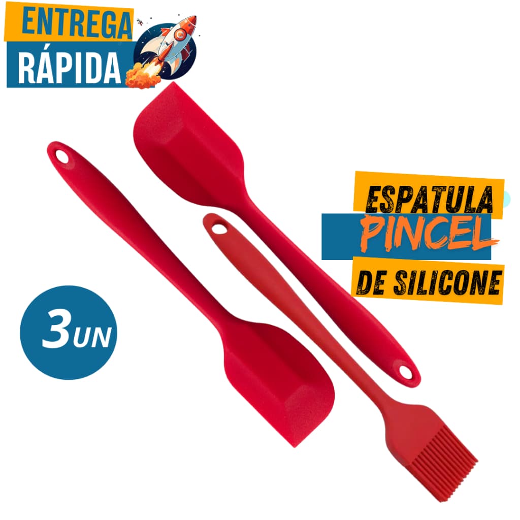 Kit 3 Peças Utensílios de Cozinha Casa Silicone Espátula 27CM Pincel 25CM