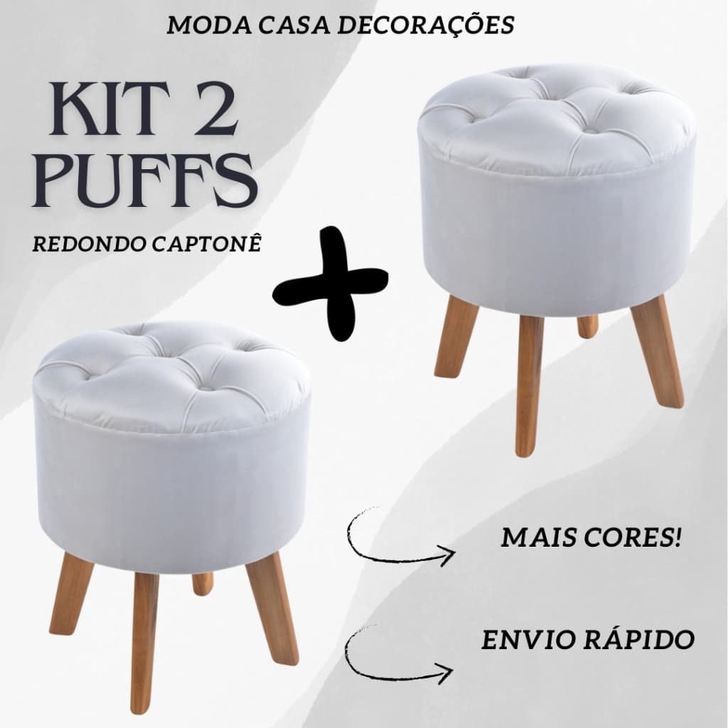 Kit 2 Puffs Redondo Pé Madeira Veludo Macio Multi Shopp Decoração