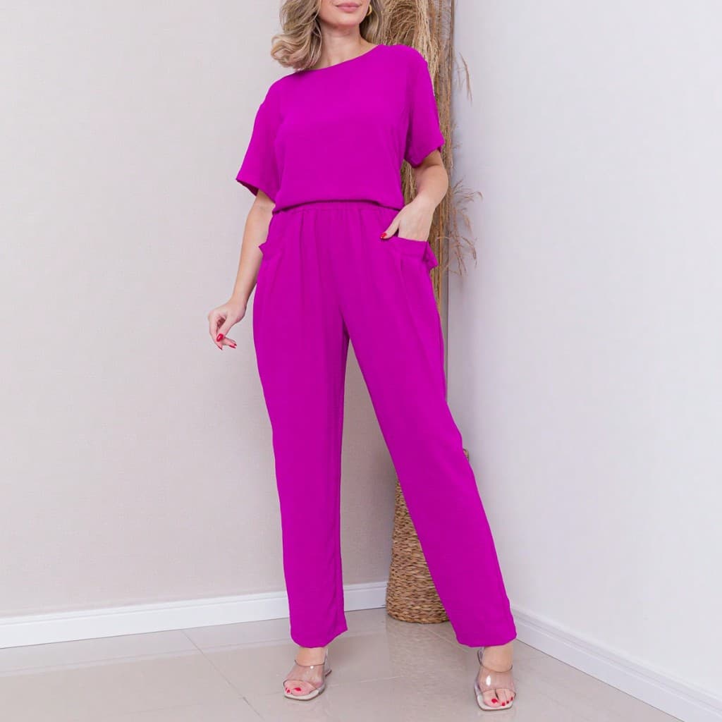 Liu Fashion Conjunto Individual Feminina Cropped e Calça Tecido Duna Elegante Manga Curta Pink Roxo Preto Verde Militar