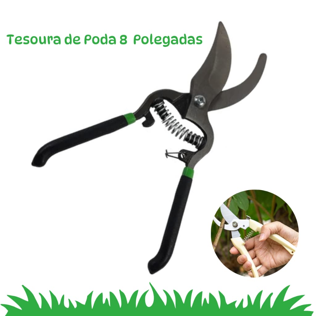 Tesoura de Poda Super Afiada para Jardinagem Inox 8 Polegadas com trava e cabo preto