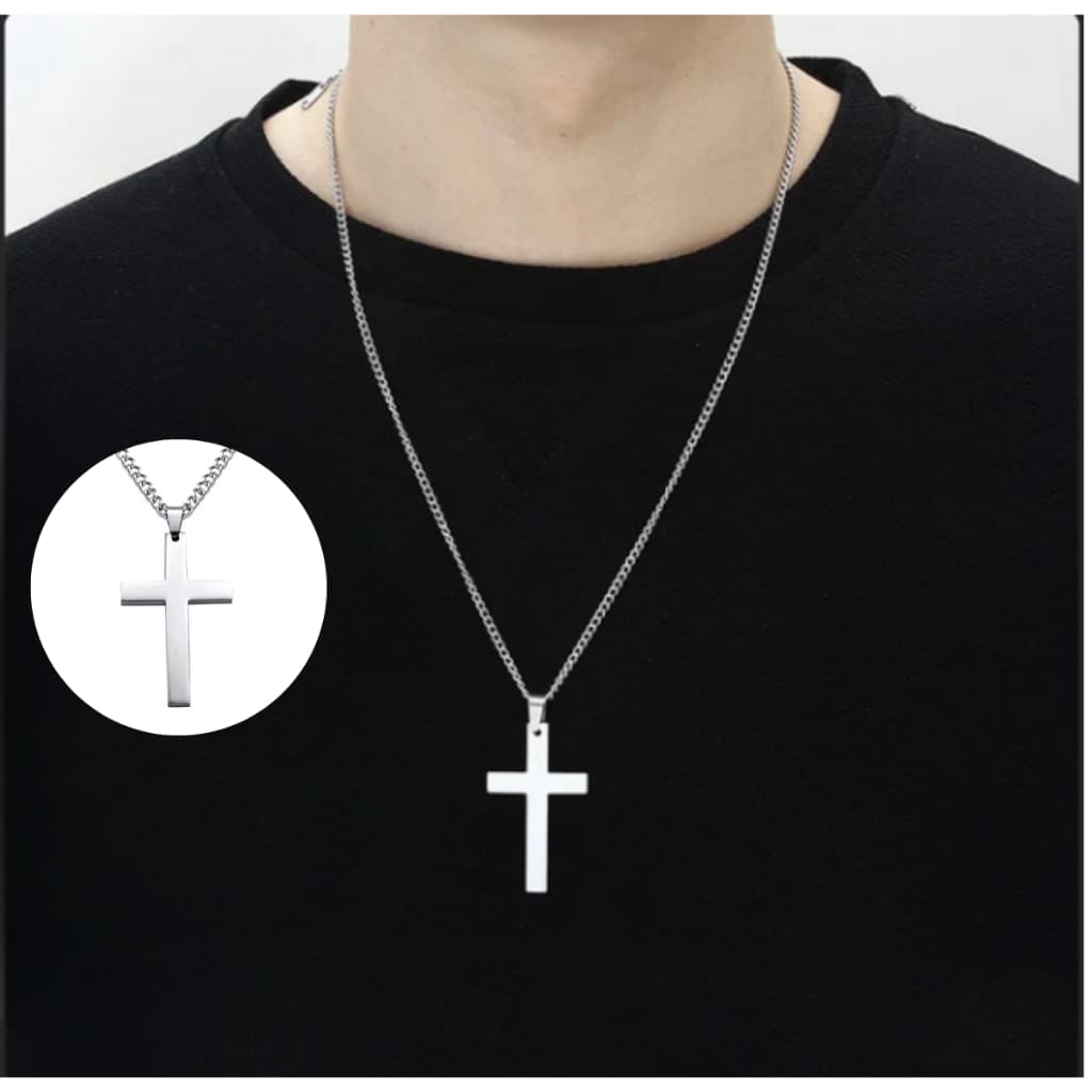 Colar Masculino Cruz Prata Cordão Aço Titano Corrente