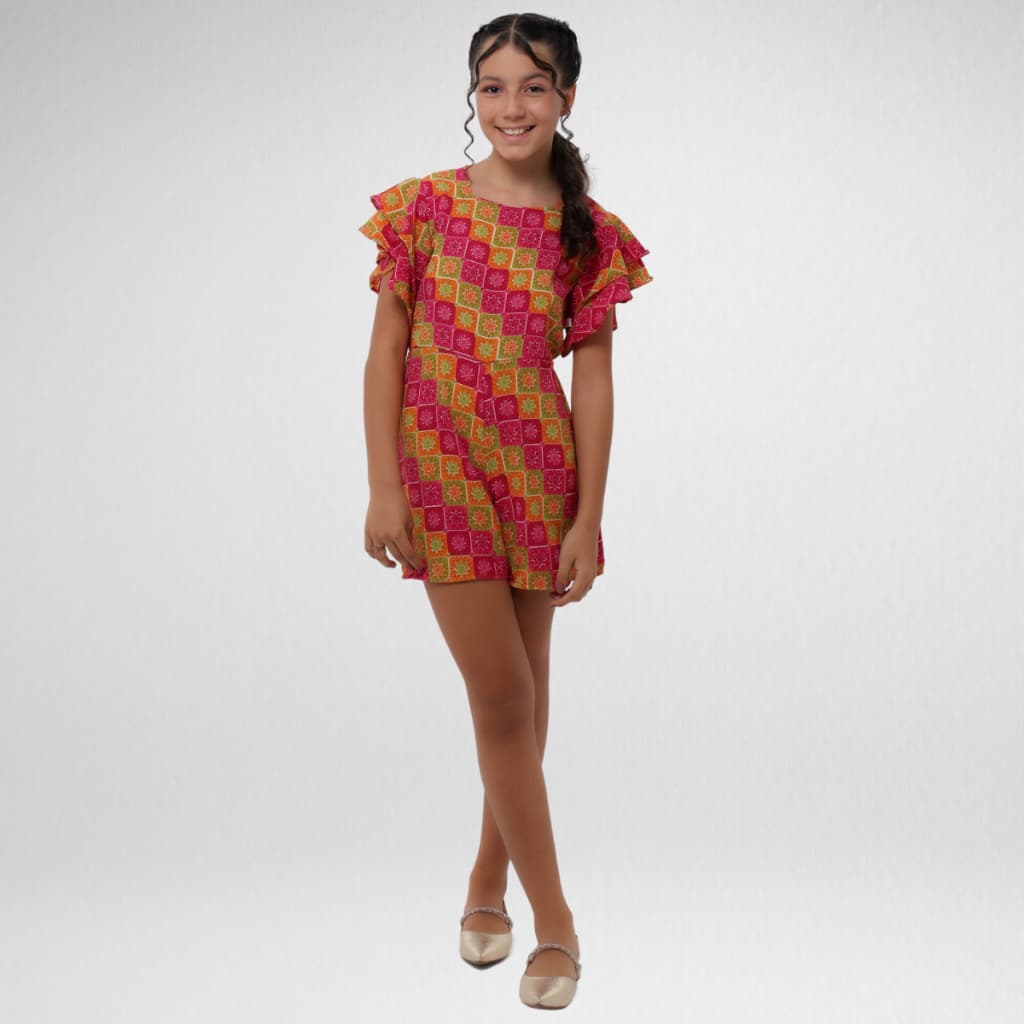 Macaquinho Infantil Menina Short Juvenil Estampado (4 ao 14 anos veste P adulto)