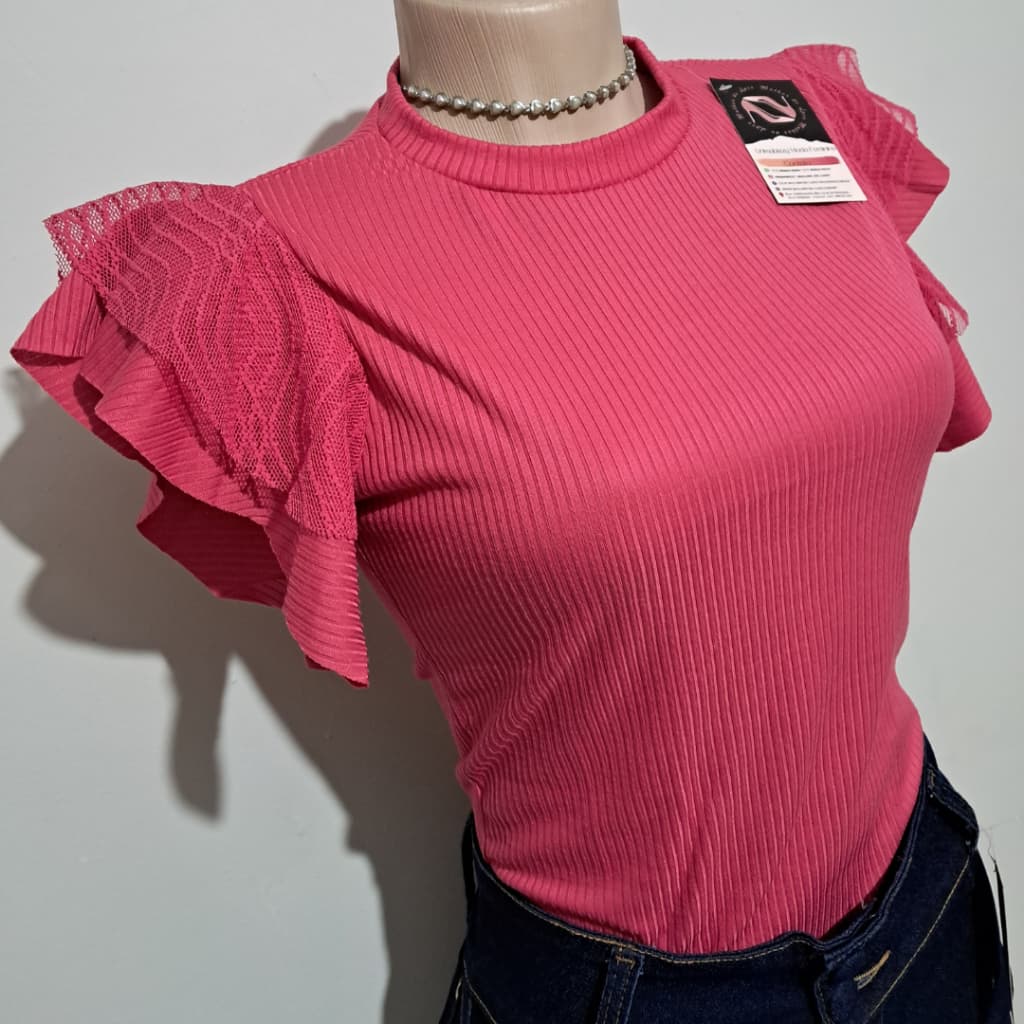 Blusa Feminina Canelada Rosa Manga Bufante – Realce seu Estilo com Elegância Juvenil