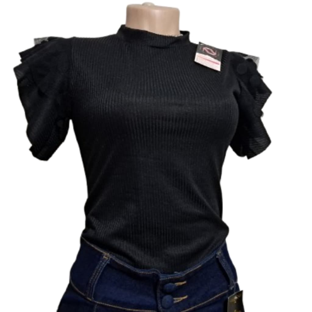 Blusa Feminina Canelada Preta c/ Poa manga bufante