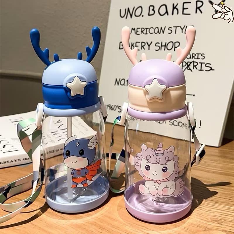 Garrafa Infantil 600ml com Canudo e Alça – Design Divertido e Colorido para Meninos e Meninas