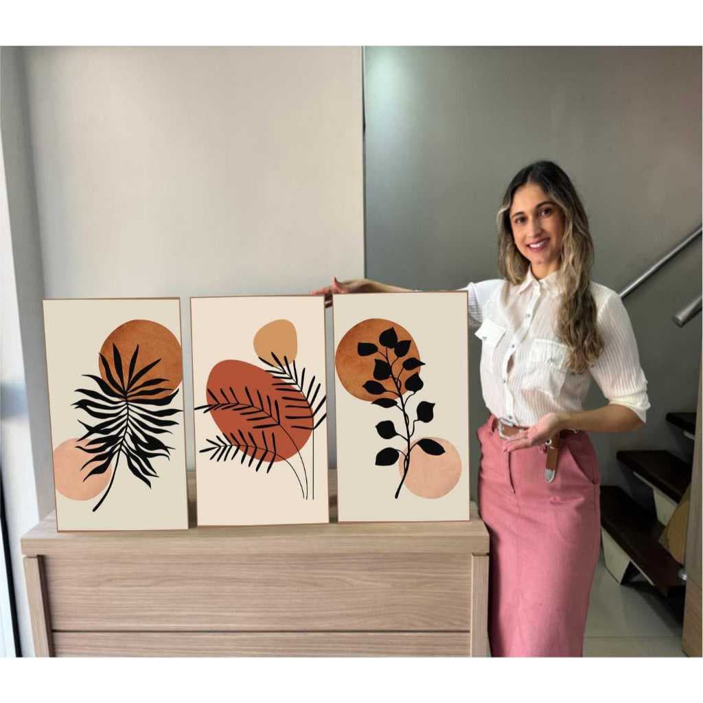 Quadros Decorativos 3 Peças Arte Abstrata Círculos Terra Cota Folhagem
