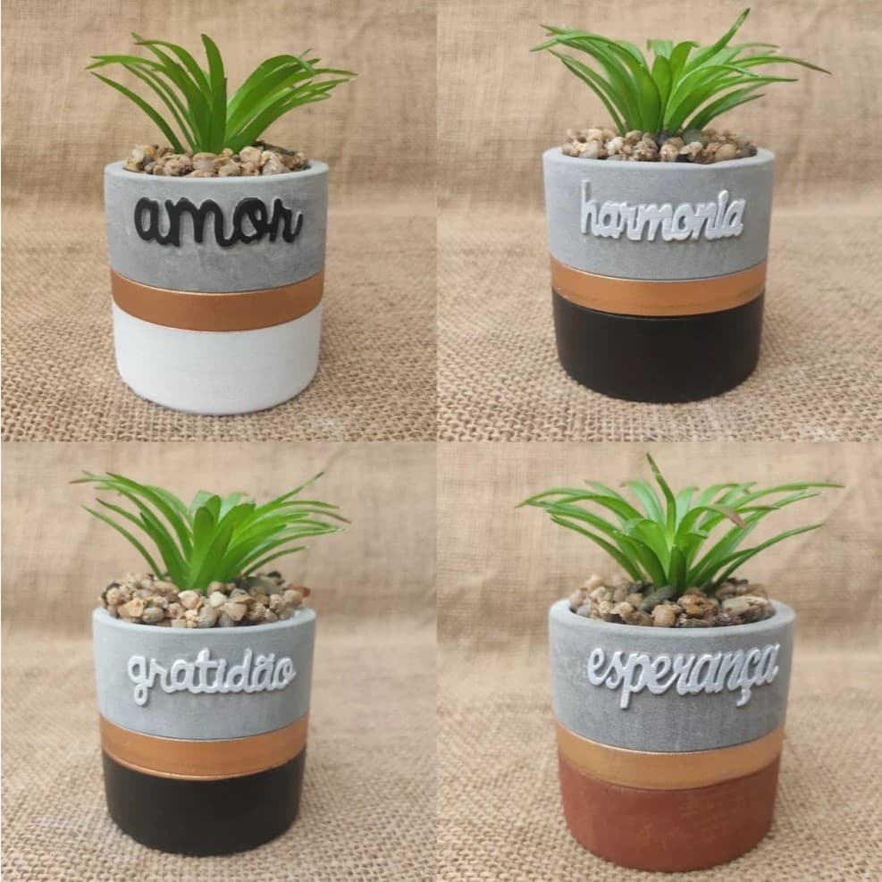 Vaso De Cimento Decorativo Plantas Artificiais Frases 10x9cm