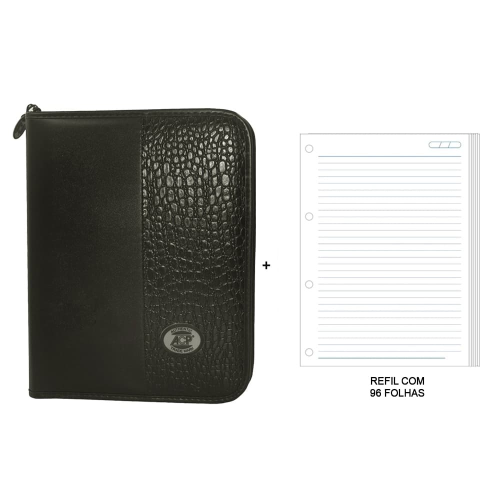 Fichário Universitário Argolado Croco Preto Acp + Refil 96 folhas