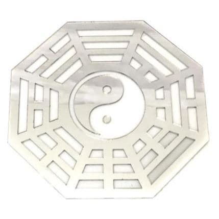 Espelho Baguá Yin Yang Acrílico Espelhado Prata Sala 15cm