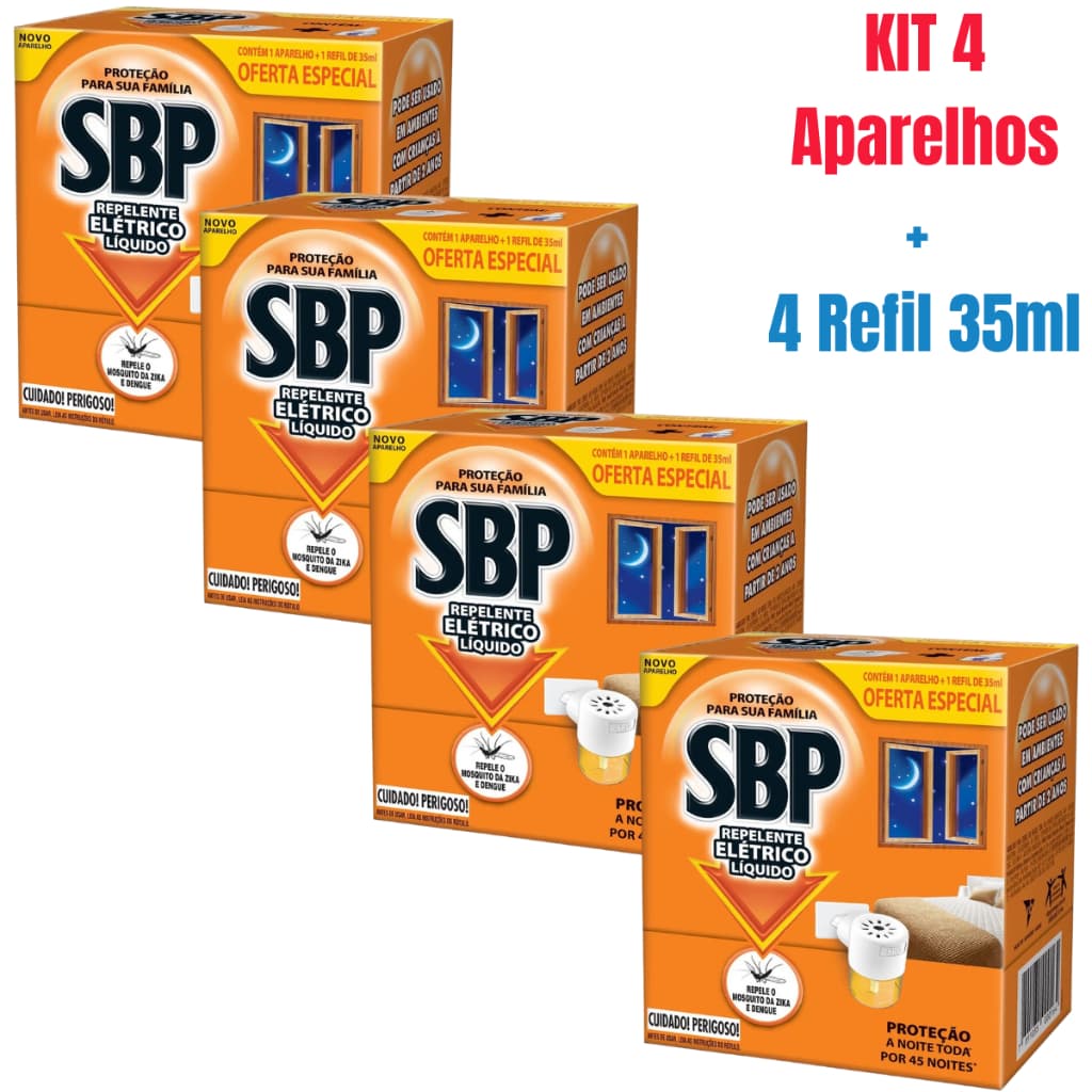 Kit 4 Aparelho Repelente SBP Elétrico + 4 Refil de 35 ml Líquido 45 Noites