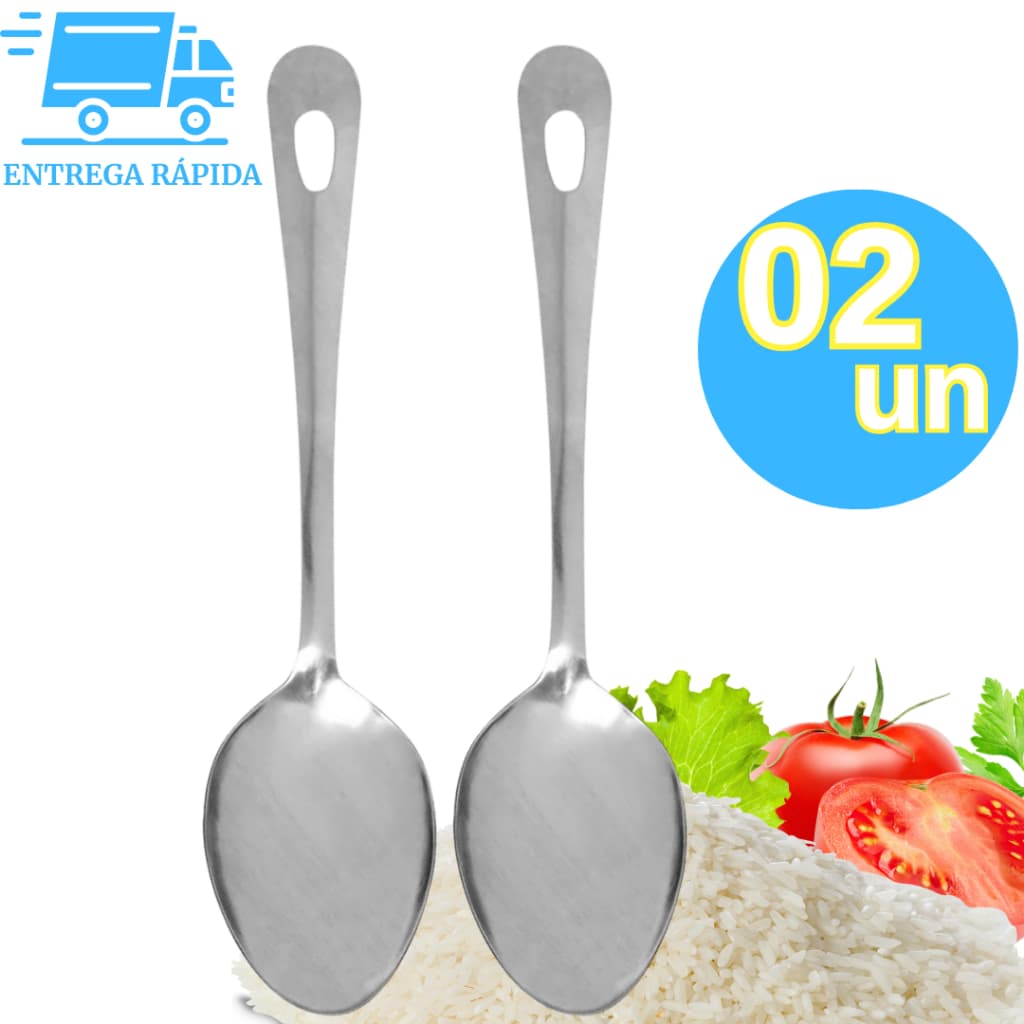 Kit 2 Colher Arroz Aço Inox Premium 25,4cm Multiuso Universal Utensílio Excelente para Cozinha