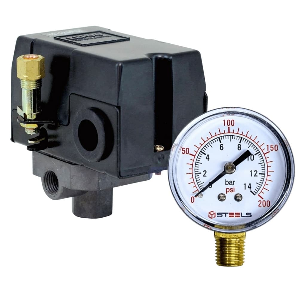 Kit Pressostato 125/175 PSI 4 Vias e Manômetro 200 LBS 1/4