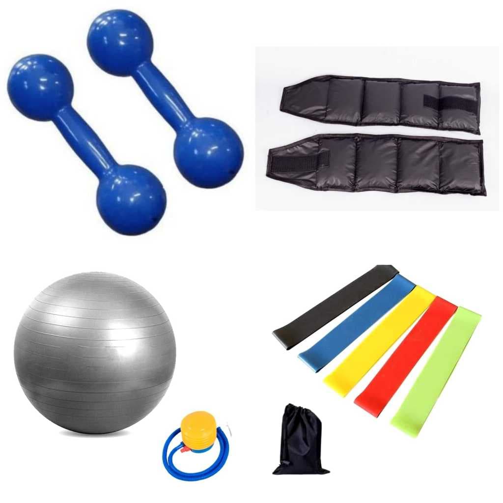 Treino Caseiro Profissional: Halteres 2kg + Caneleira 2kg + Mini Band + Bola de Pilates 55cm