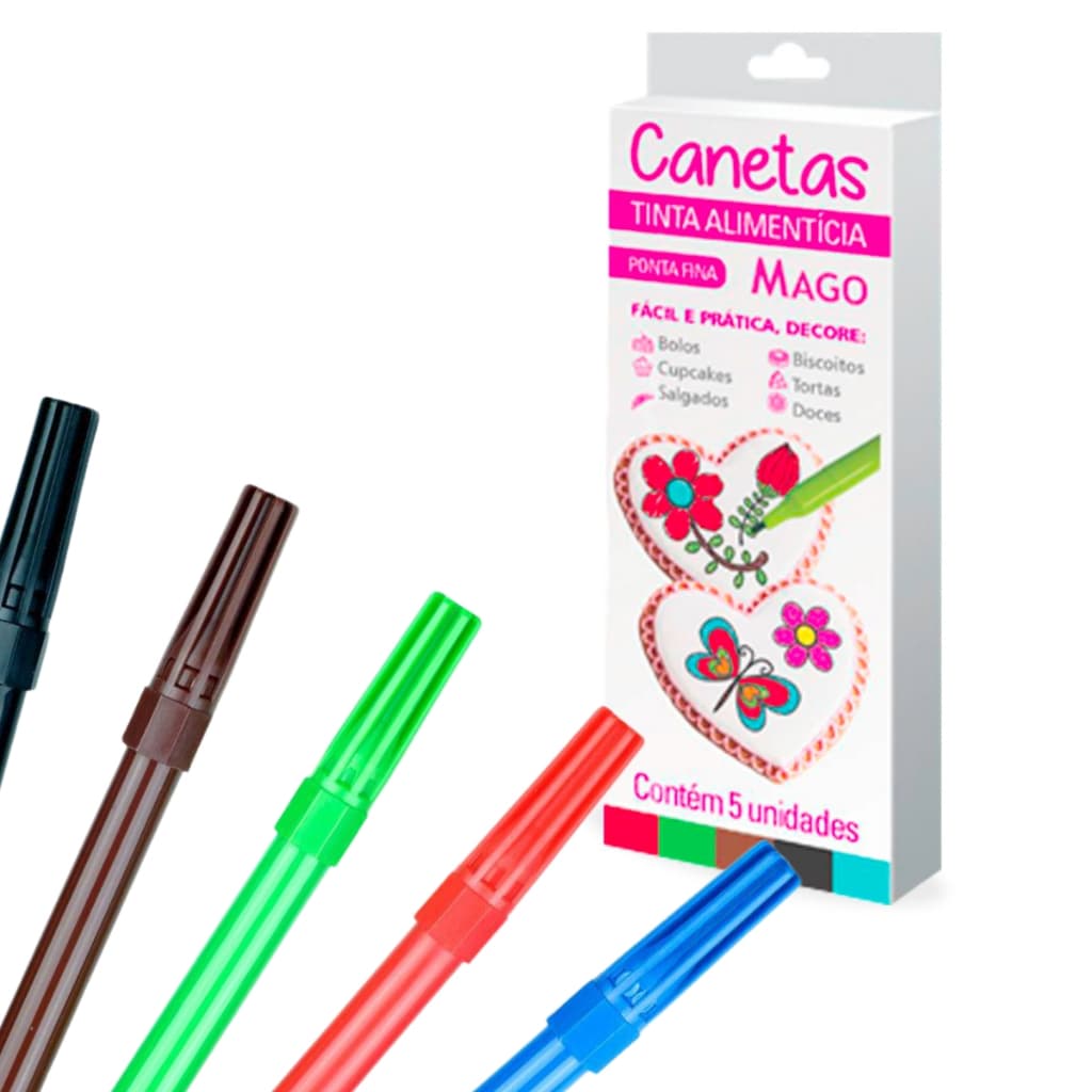 Canetas Tinta Alimentícia Ponta Fina C/5 Cores Mago