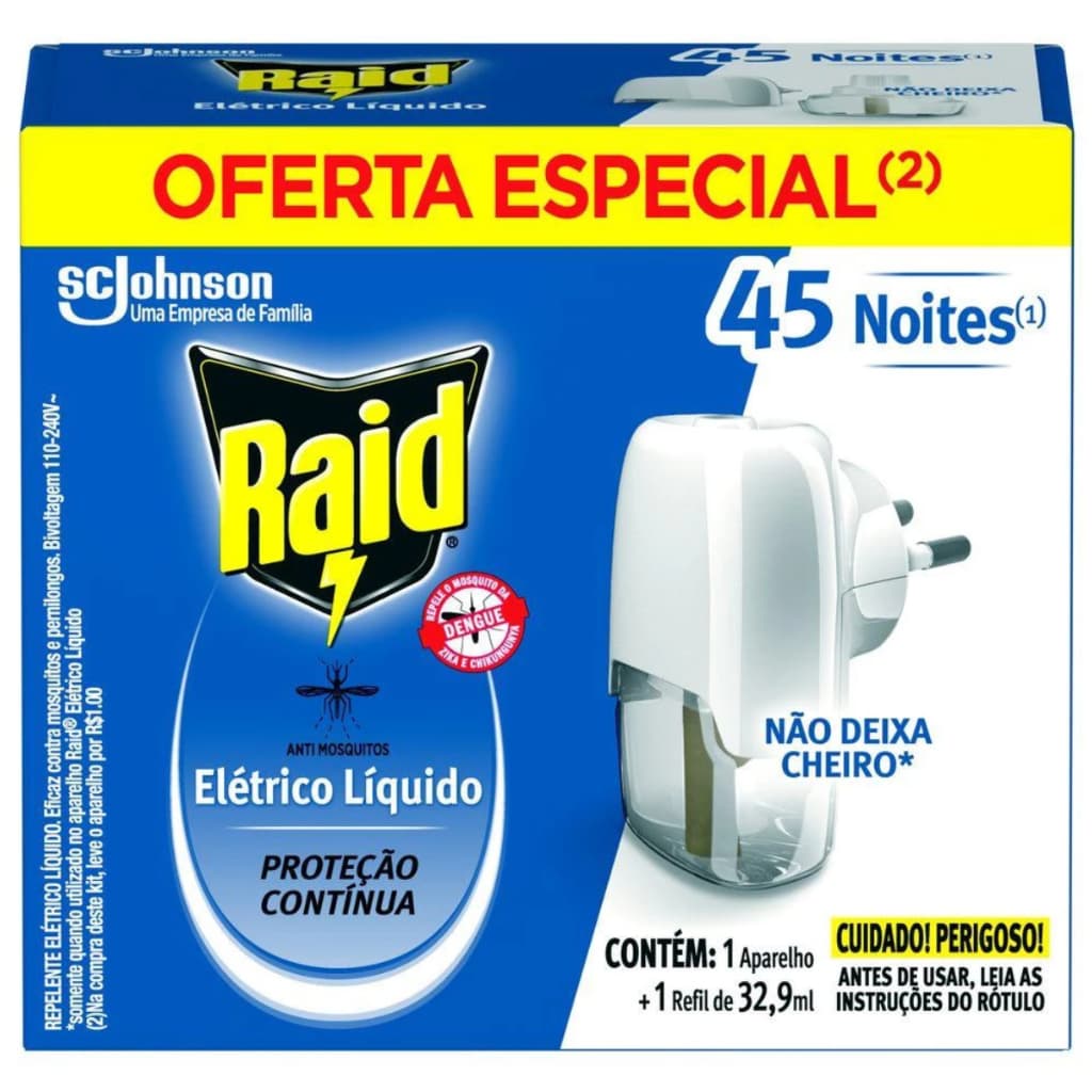 Raid Aparelho Repelente Elétrico + Refil 45 Noites 32,9ml