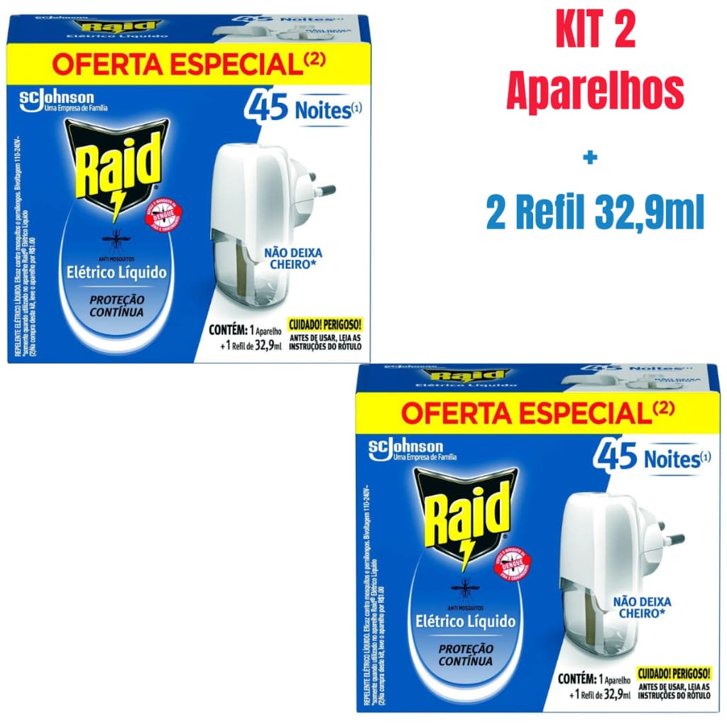 Kit 2 Aparelho Repelente Raid Elétrico + 2 Refil 45 Noites 32,9ml