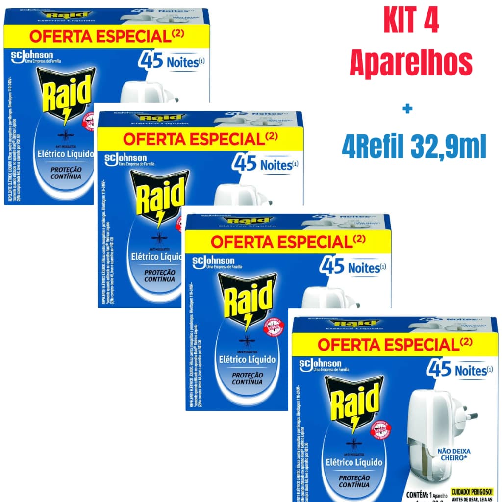 Kit 4 Aparelho Repelente Raid Elétrico + 4 Refil 45 Noites 32,9ml