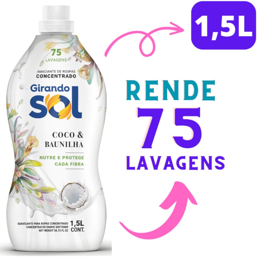 Amaciante Girando Sol Coco E Baunilha Concentrado 1,5L - Rende até 75 Lavagens