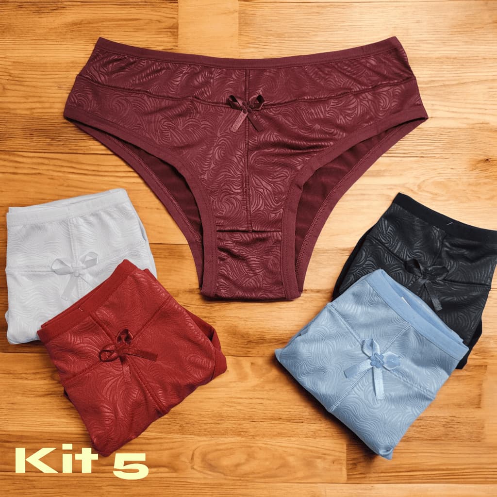 Kit 5 Calcinha Senhora Cintura Alta Tanga Cós Alto Feminina com detalhes em Desenho no Tecido