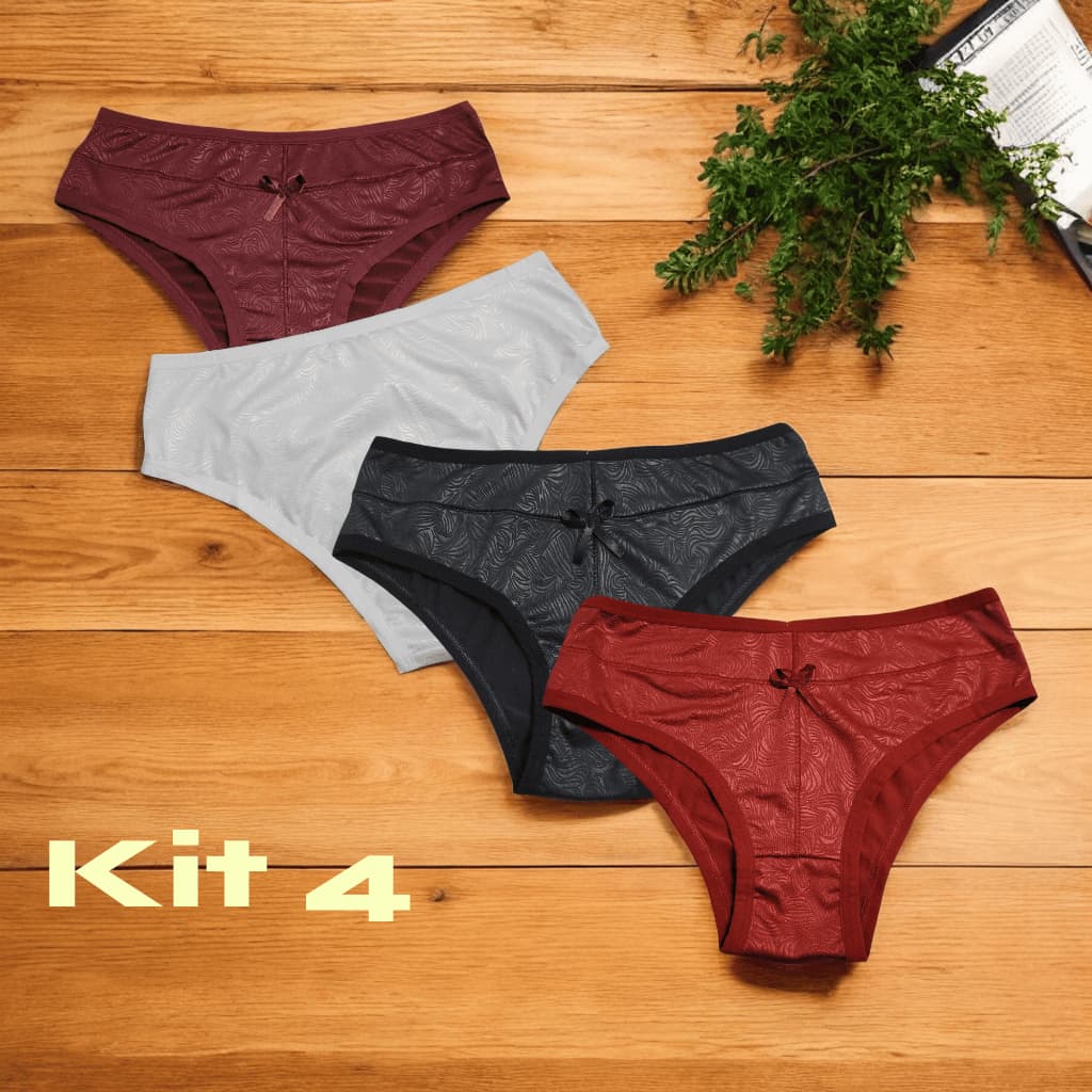 Kit 4 Calcinha Senhora Cintura Alta Tanga Cós Alto Feminina com detalhes em Desenho no Tecido
