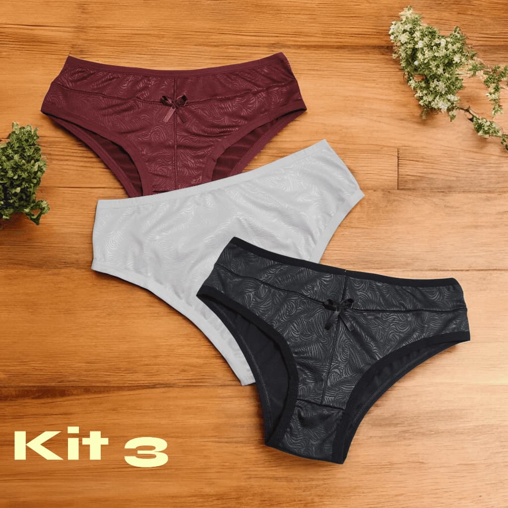 Kit 3 Calcinha Senhora Cintura Alta Tanga Cós Alto Feminina com detalhes em Desenho no Tecido