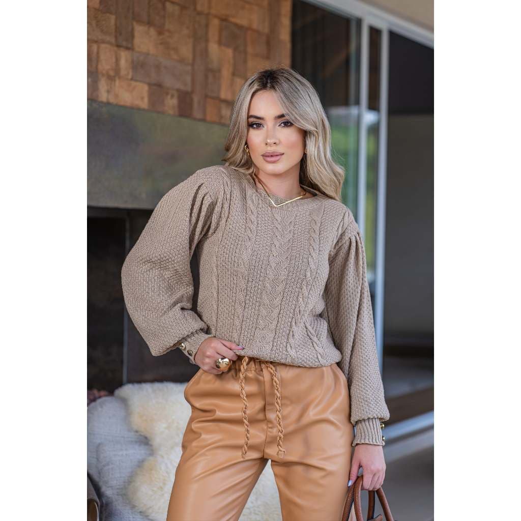 Blusa Tricô Feminina Manga Bufante com Botões Inverno Elegante Frio Tranças | Use&use Tricot