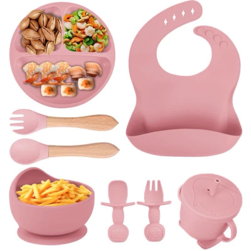 Kit Alimentação Bebê 8 Peças Silicone Talheres Infantil Com Ventosa Canudo Colher Babador Garfo
