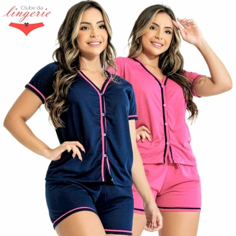 Kit 02 Pijama Americano Feminino Short Doll Blogueira Com Botões Maternidade Amamentação Cirúrgico