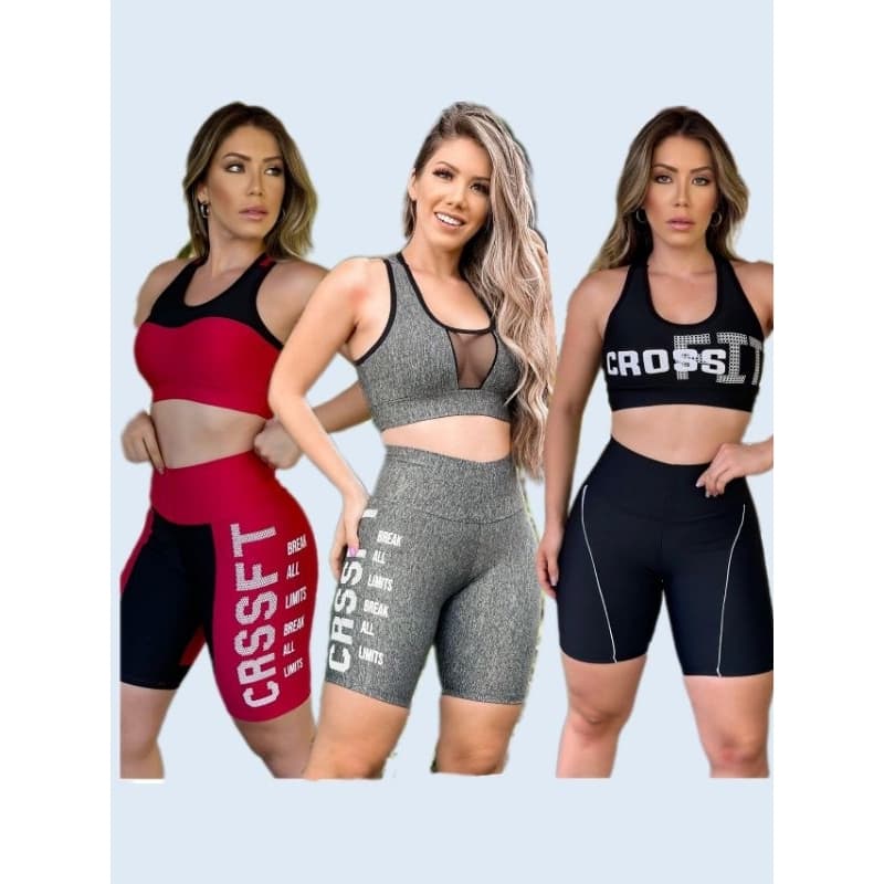Conjunto feminino croped e short kit 3 conjuntos fitness ciclista