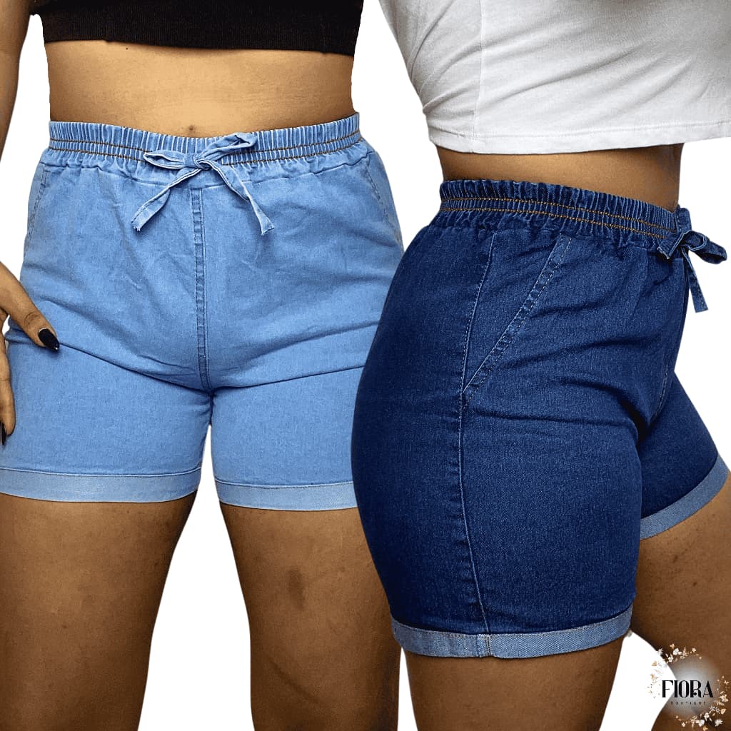 Kit 2 Shorts Jeans Lycra Feminino Do 34 Ao 56 Plus Size Cintura Alta Com Laço Verão Confortavel