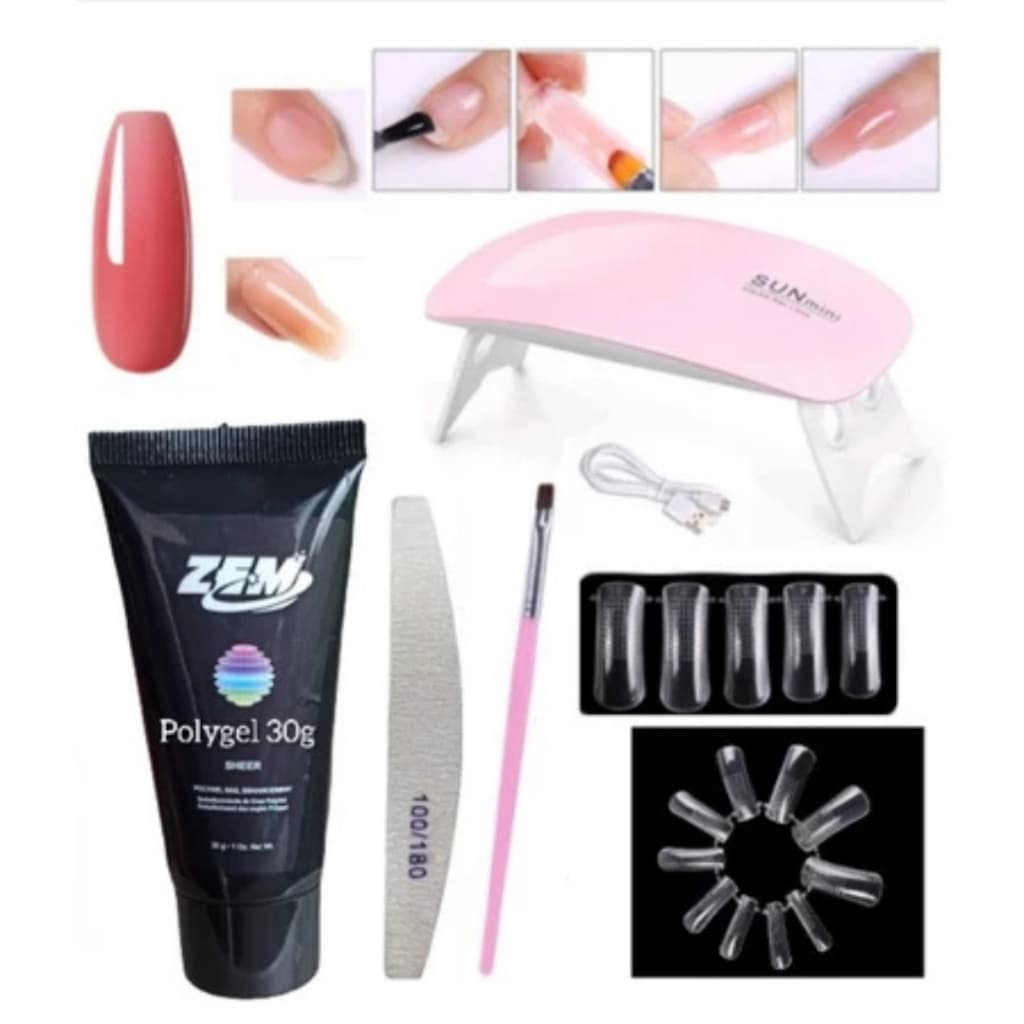 Kit Polygel Alongamento Unha Mini Cabine Uv + Pincel Para Aplicação+ Poligel + Lixa 100/180