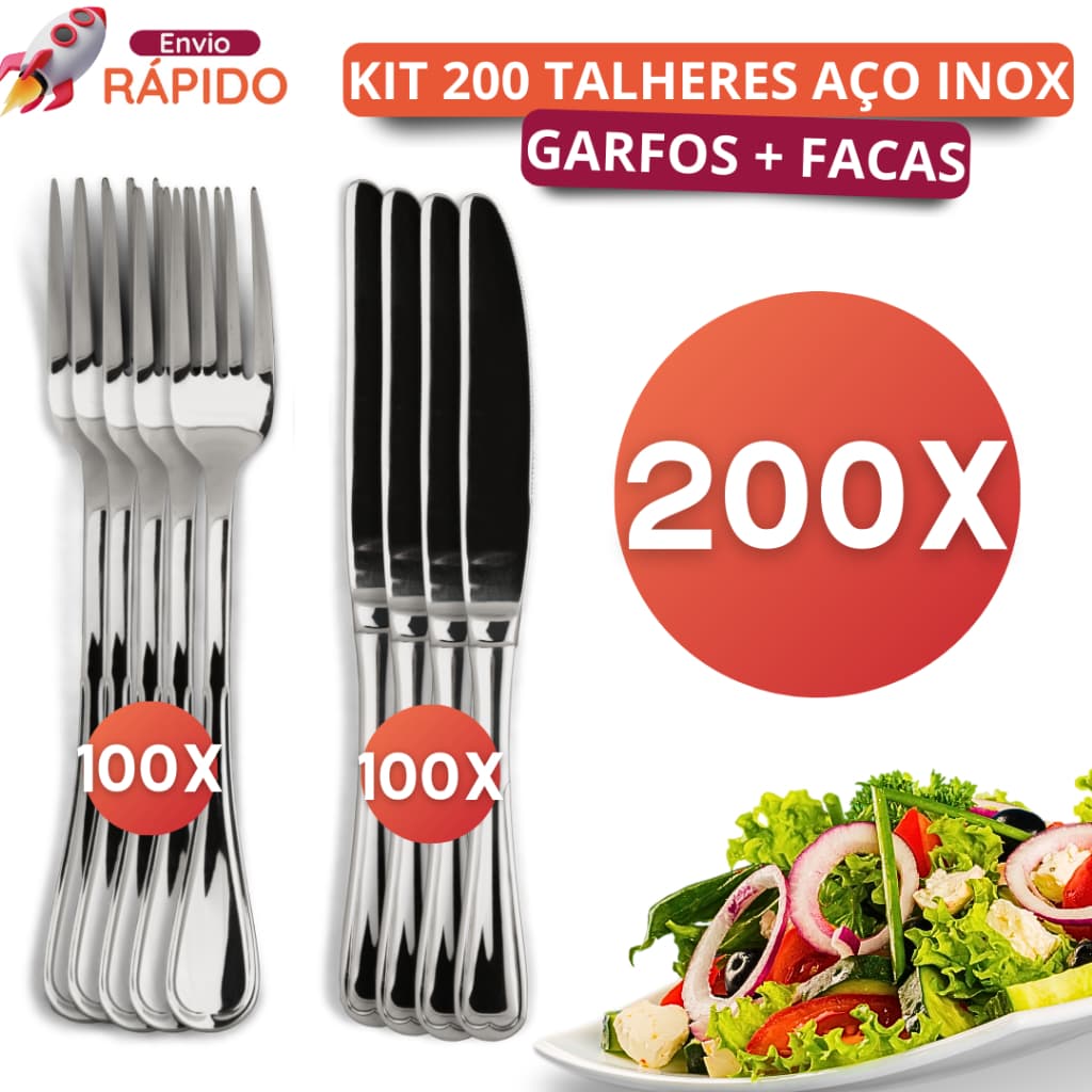 Conjunto Talheres 200 Peças Inox 100 Garfos + 100 Facas de Serra para Restaurante Churrasco e Buffet