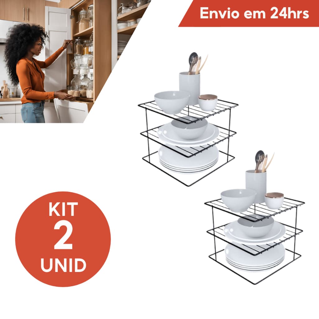 Kit 2 Organizadores de Pratos Quadrado para Armário Cozinha Aramado Prateleira Porta Louças