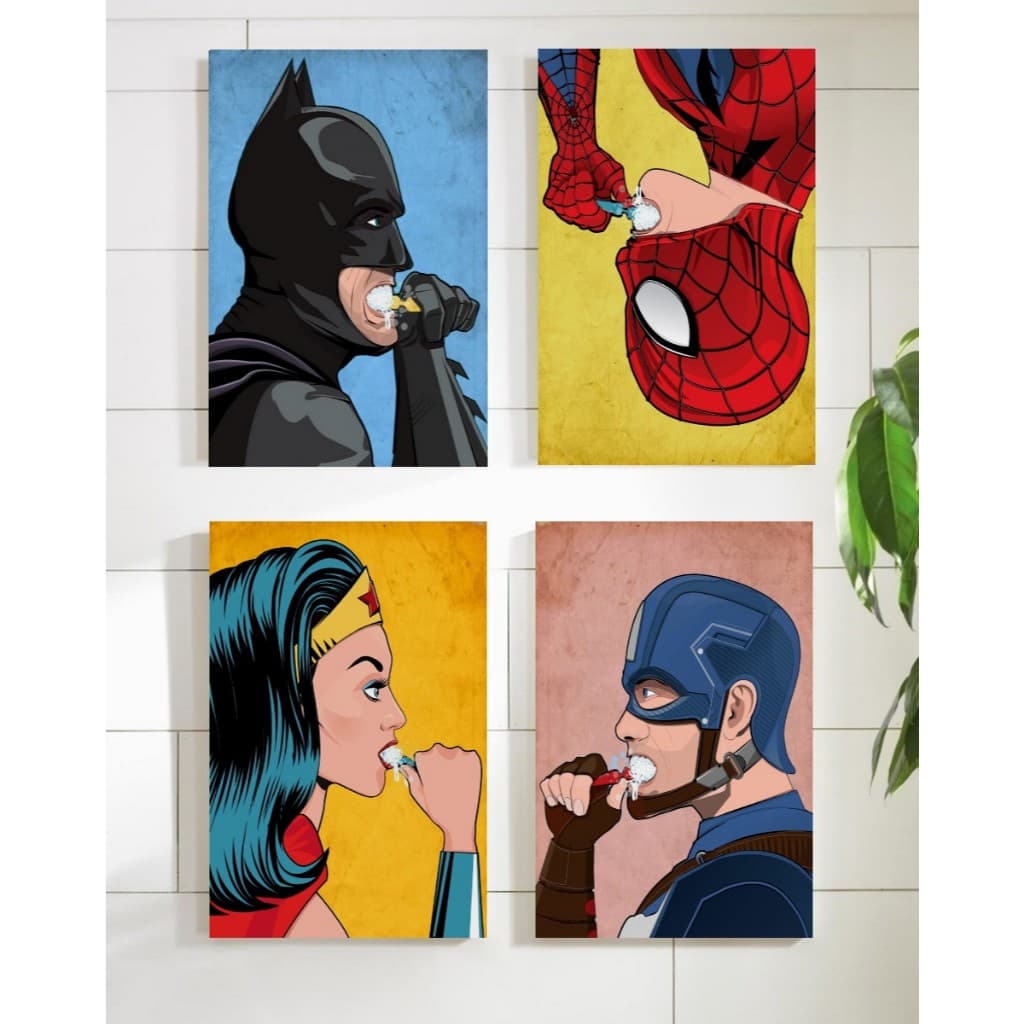 Quadros Decorativos Higiene dos Super Heróis Banheiro Infantil