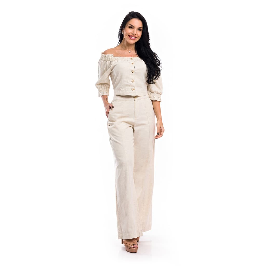 Conjunto Feminino Cropped e Calça Pantalona Linho Casual Chic