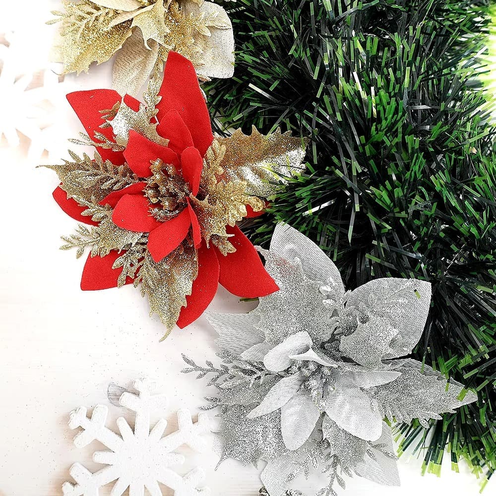 Kit 12 Flores Natal Decoração Dourado Prata Árvore Luxo