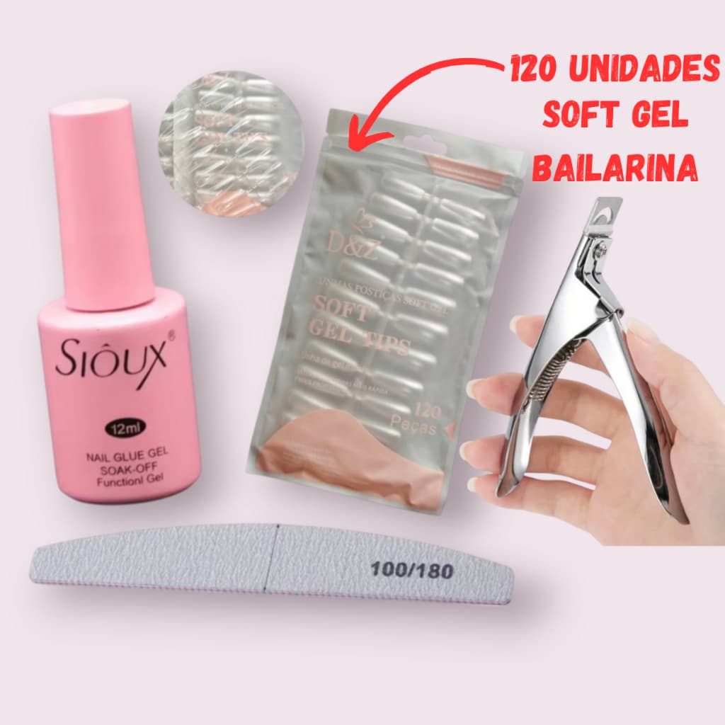 KIT SOFT GEL - Unha Postiça Softgel Bailarina Realista Alongamento Fácil Ideal Para Iniciantes