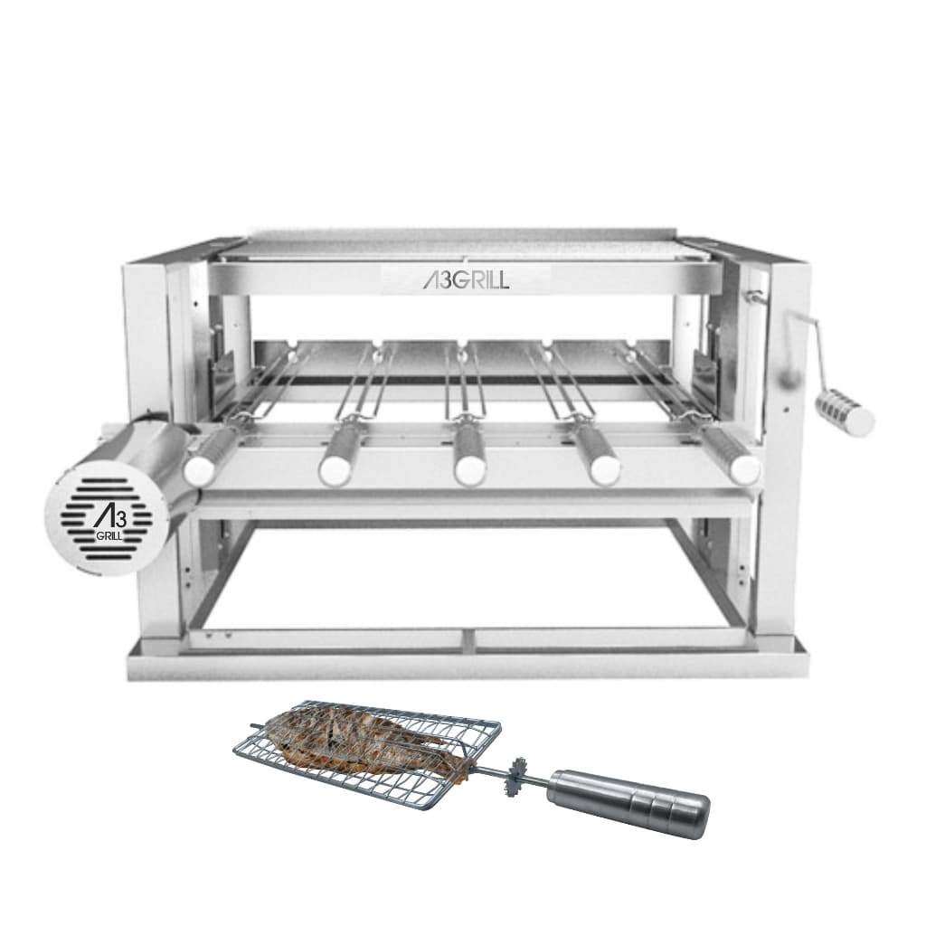 Churrasqueira Com Grelha Elevatória e Motor Giratório para 5 Espetos 100% Inox + Espeto Grelha