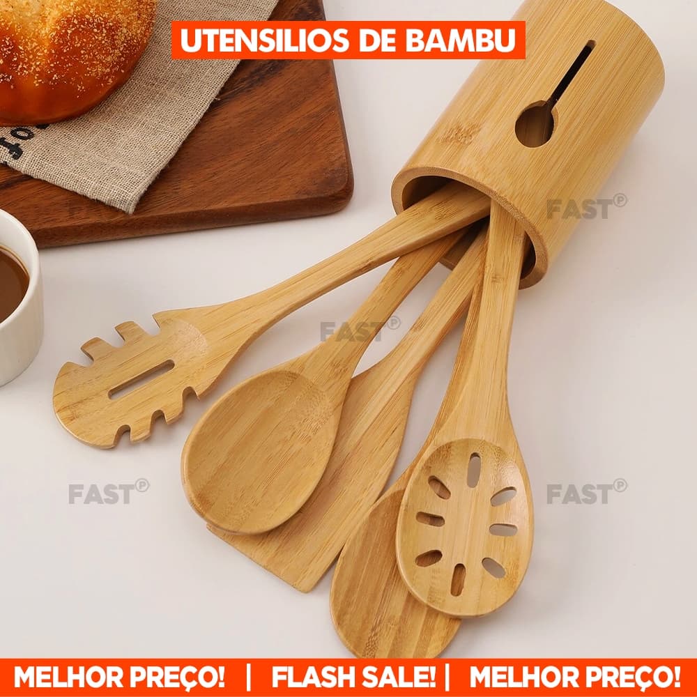 Kit Conjunto 4 Peças de Utensílios de Bambu Resistente Colheres e Espátula de Cozinha Multiuso Com Suporte Organizador
