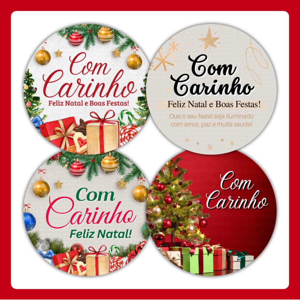 Kit 100 Adesivos Natal Com Carinho Embalagem Cliente Mimo Lembrancinha Natal