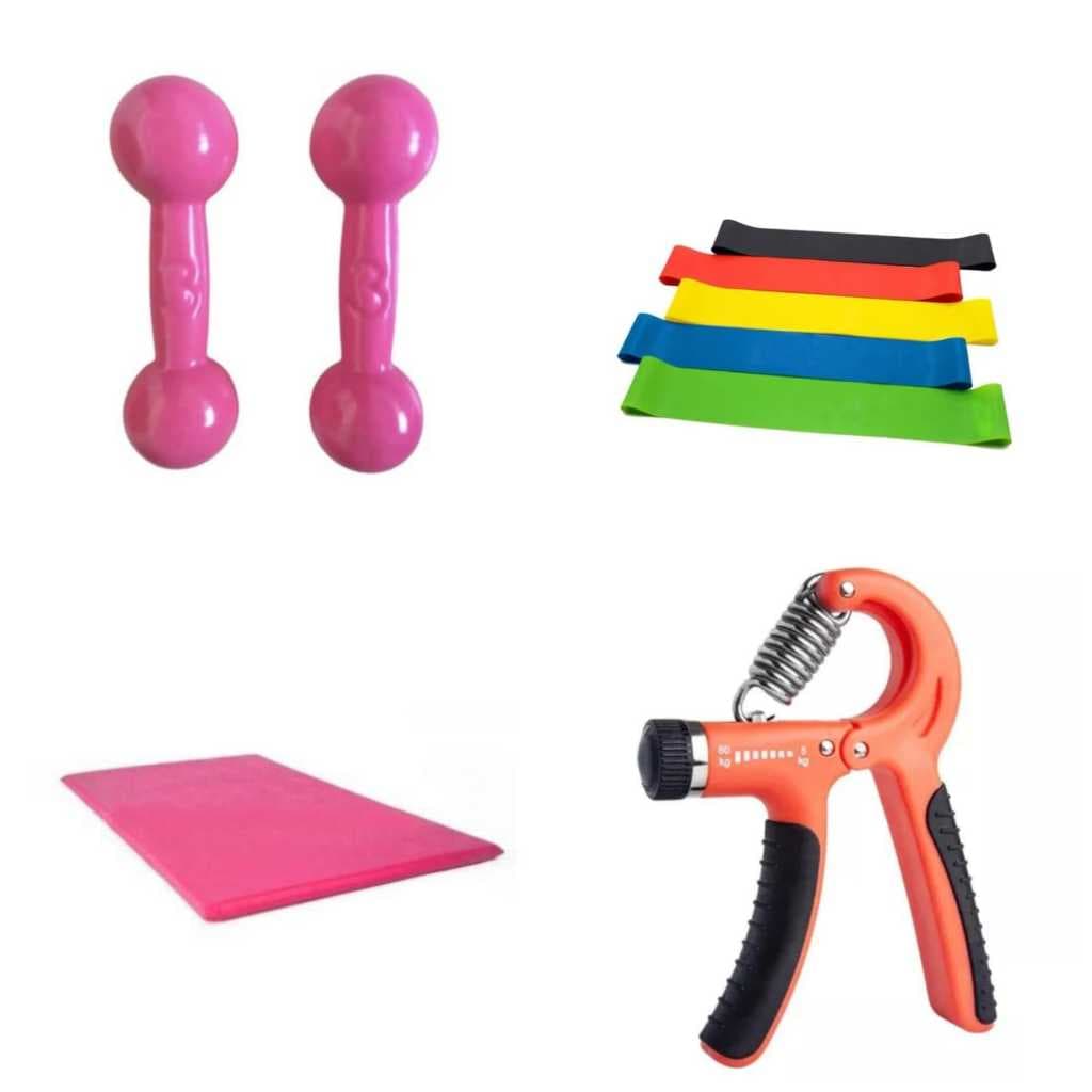Treino Completo Caseiro: Halteres 3kg Rosa + Colchonete Rosa + Hand Grip + Mini Band