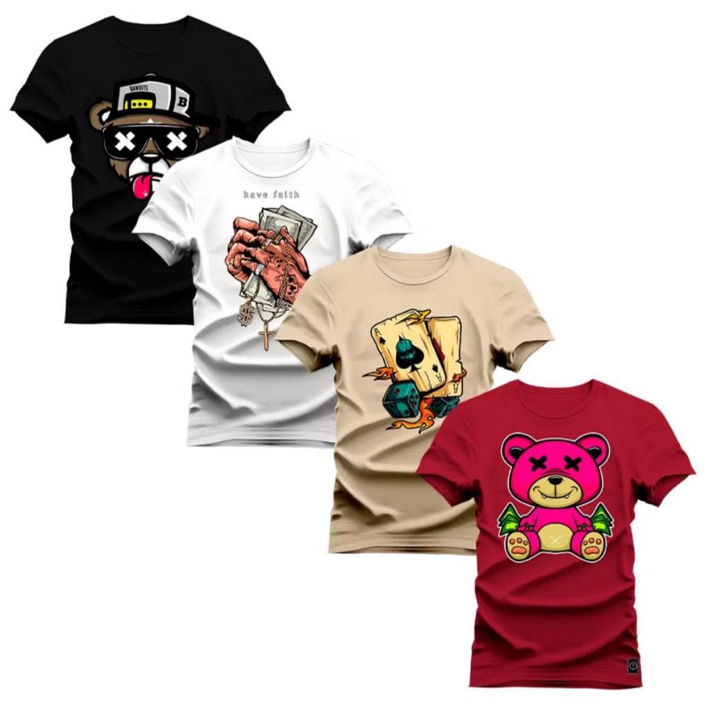 Kit 4 Camiseta T-shirt Casual Slim Unissex Estampadas frente Premium oitomalhas
