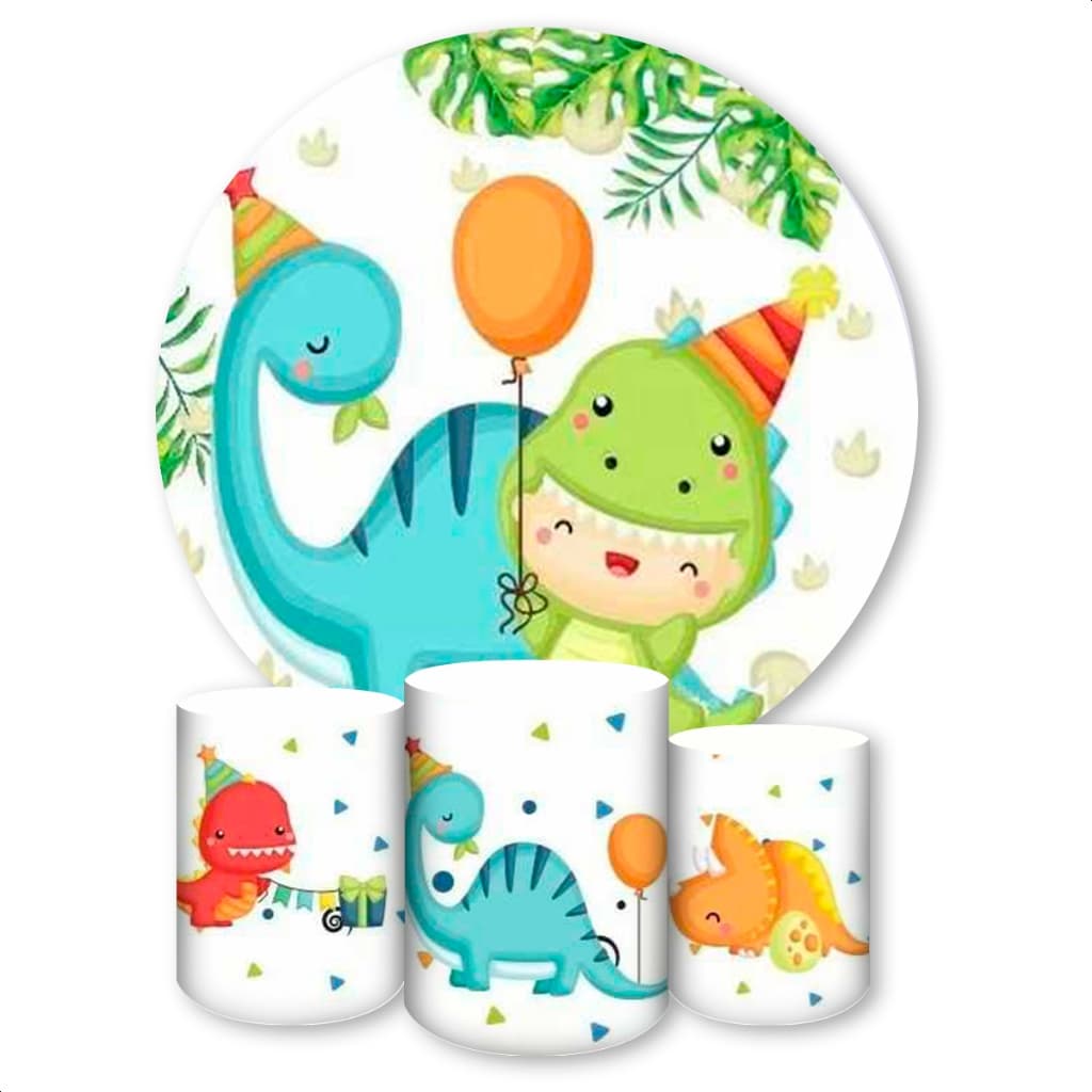 Kit Painel Redondo + Capas de Cilindro Sublimados Para Festa Tema Dino Baby