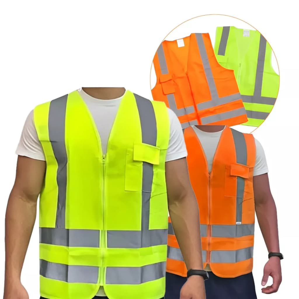 Colete De Segurança Refletivo Com Bolso 4 Faixas Sinalização  Verde Laranja Fluorescente Neon