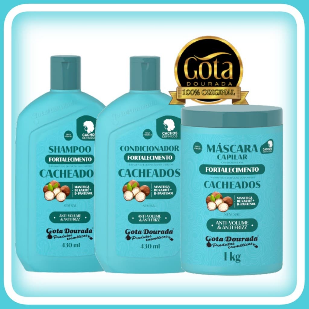 Kit Gota Dourada Anti-Frizz Cabelos Cacheados com Shampoo, Condicionador e Máscara